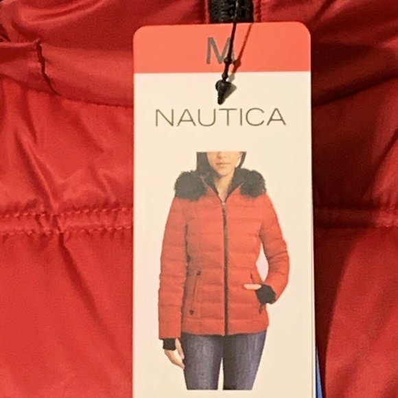NAUTICA Red Jacket Quilted Puffer Coat Faux Fur Trimmed Hood Choice of Size - Picture 3 of 5